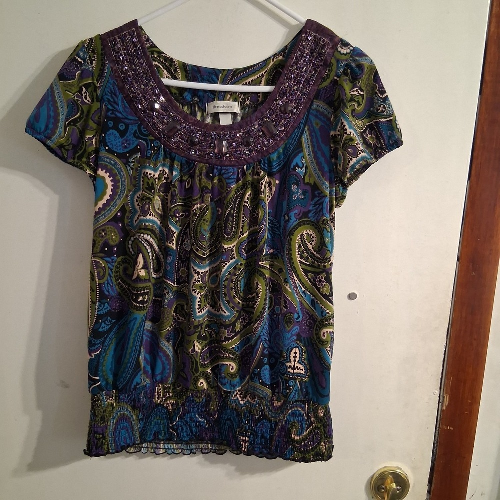 Vintage Y2K Blouse Purple Teal Olive Green Jeweled Paisley EUC L